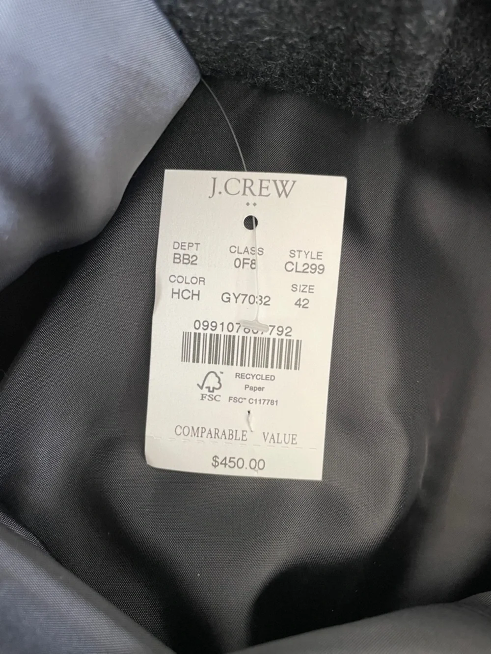 J. Crew Men's Dark Charcoal Gray Wool Blend Topcoat Size 42 NEW $450